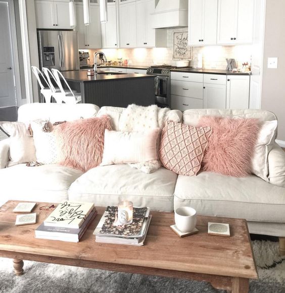 living room with blush pink pillows