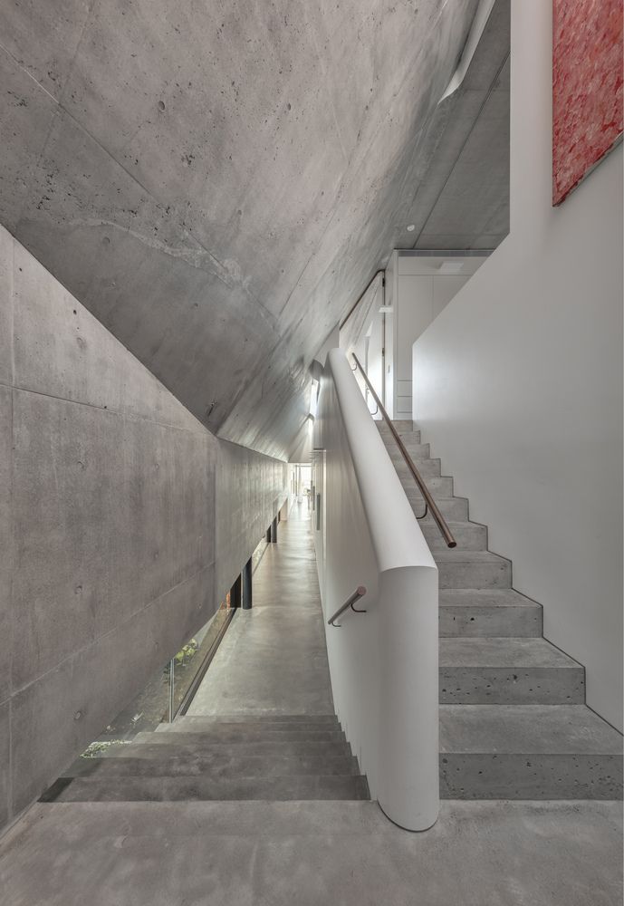 The palette of materials and finishes used throughout is limited to exposed concrete, wood, steel and glass
