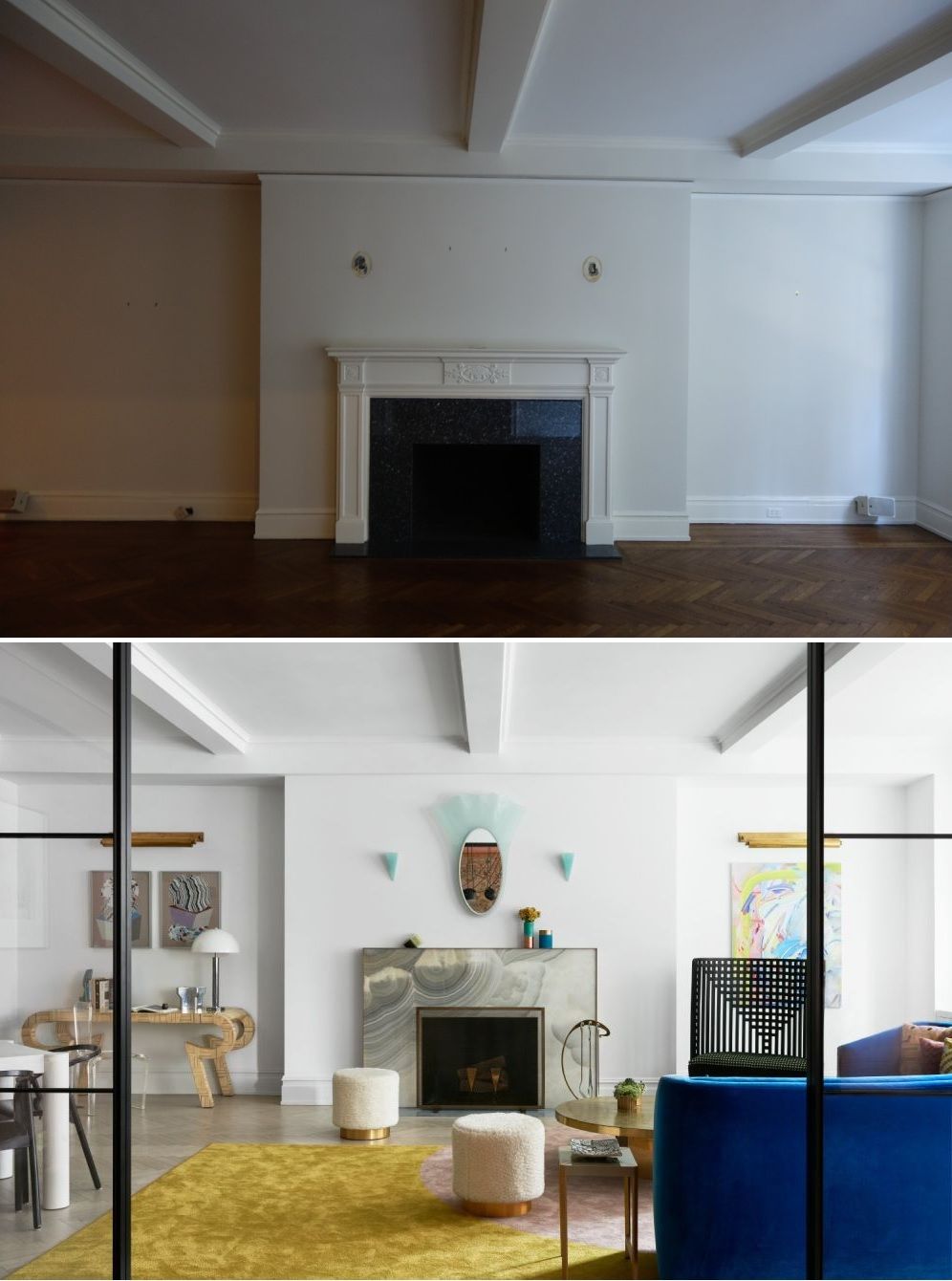 The living room features a fireplace which has been redesigned using modern materials and finishes