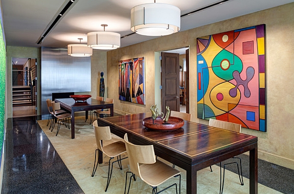 Dining area doubles as a modern gallery for an impressive art collection