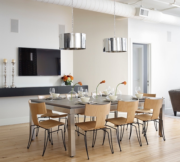 Metallic drum pendants steal the show here