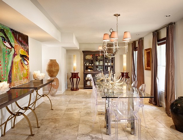 Starck Louis Ghost Chairs in clear look even more elegant when coupled with glass tables