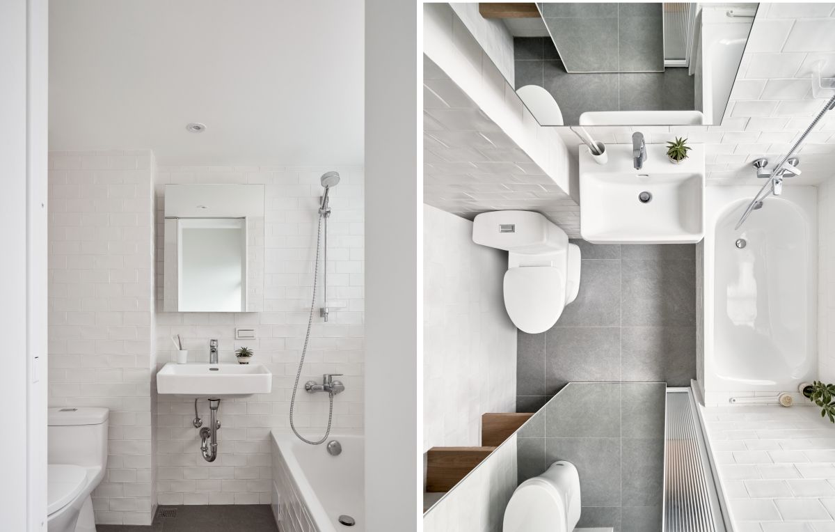 White is the primary color used in all the spaces, often complemented by light grey surfaces
