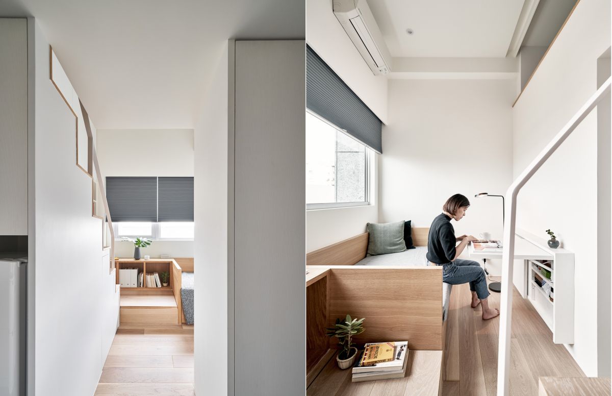 The built-in furniture and multifunctional elements are very space-efficient and ideal in this case