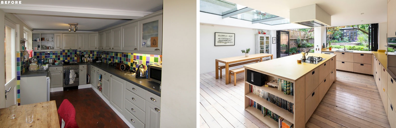This is a comparison of the before and after kitchen designs, with an emphasis on spaciousness
