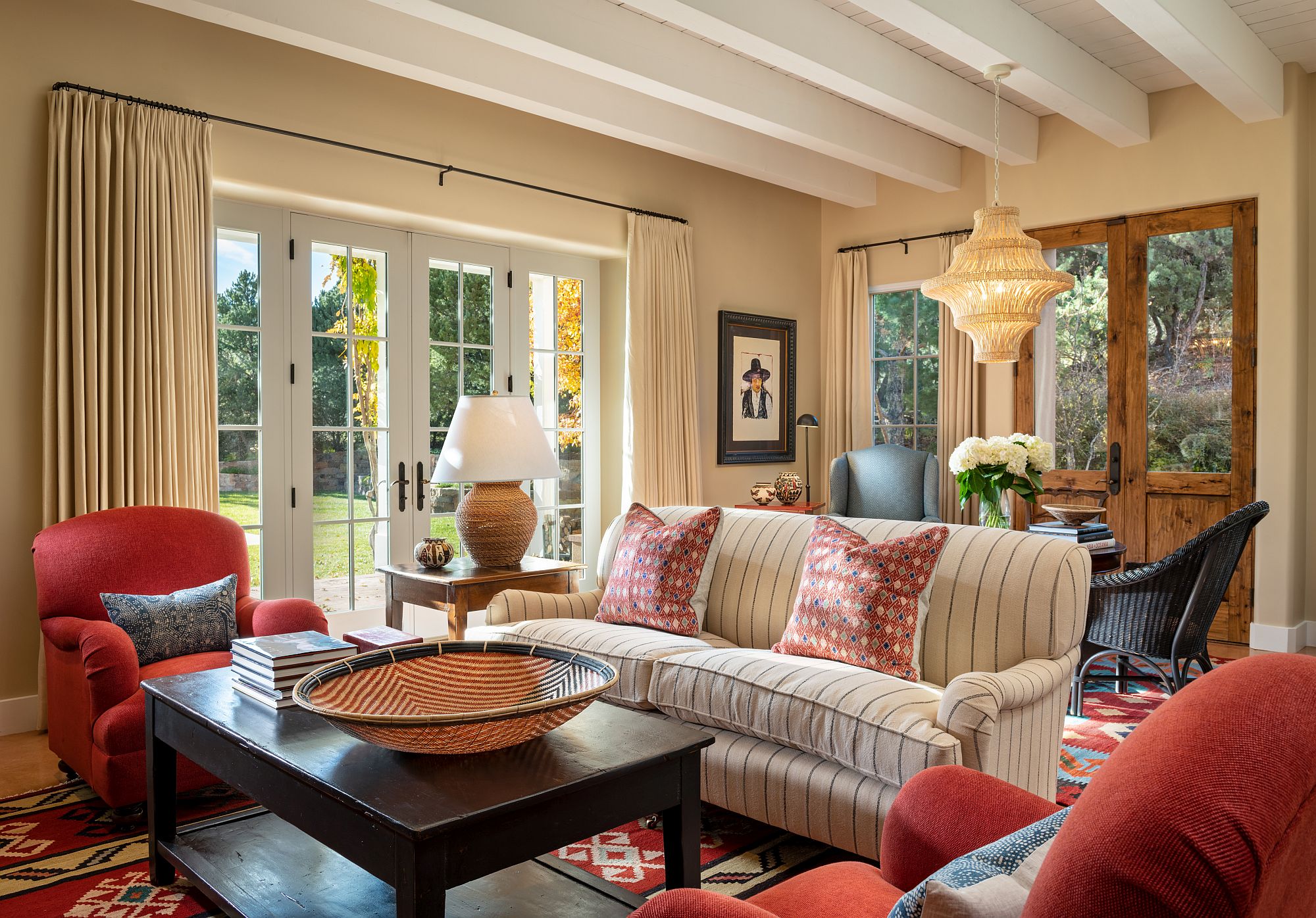 living room with beamed ceilings