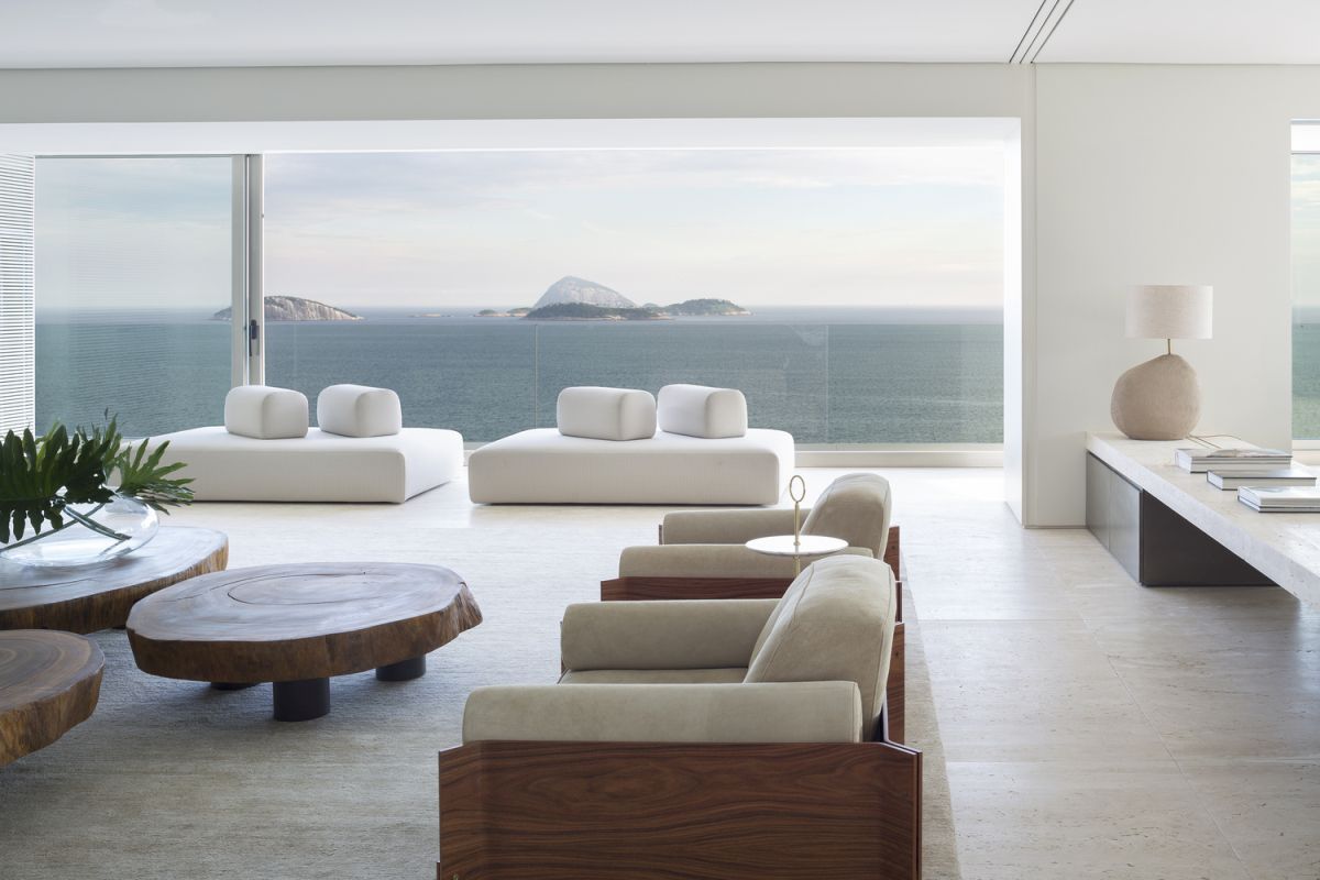 The palette of colors throughout the apartment is mostly neutral with a few hints of blue