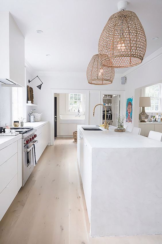 all white modern kitchen with Rattan Wicker Pendant Lights