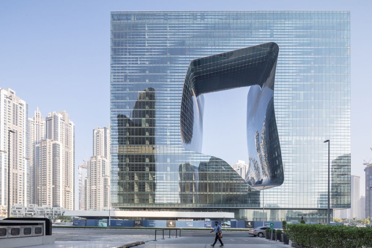 From this side the building looks more like a giant cube with a carved out section at the center