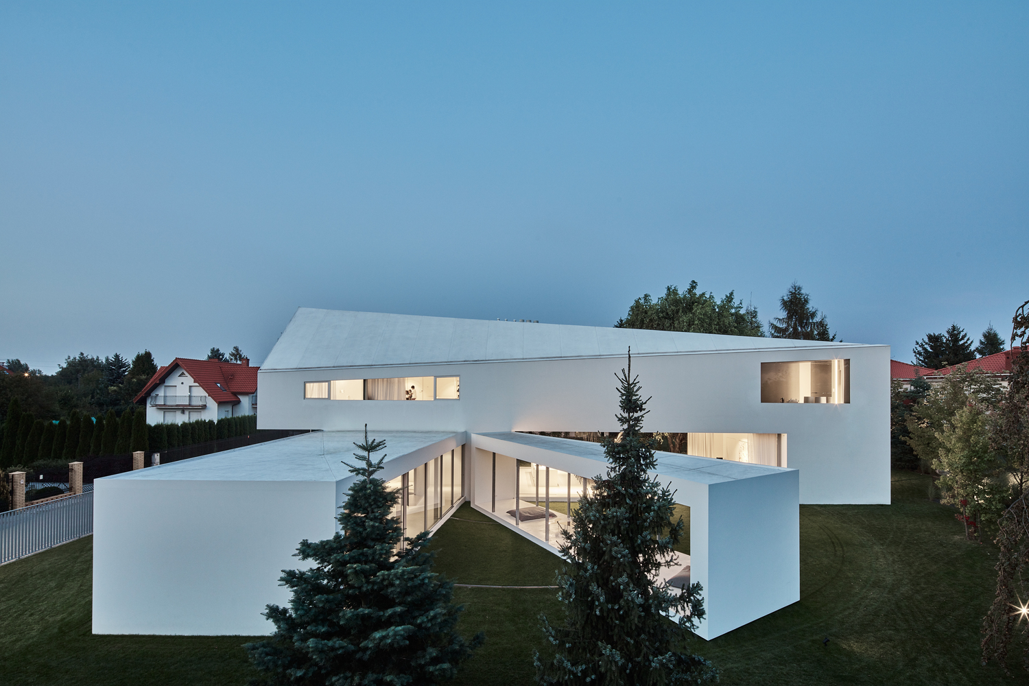 On the outside, the entire structure is white and has a very clean and minimalistic aesthetic