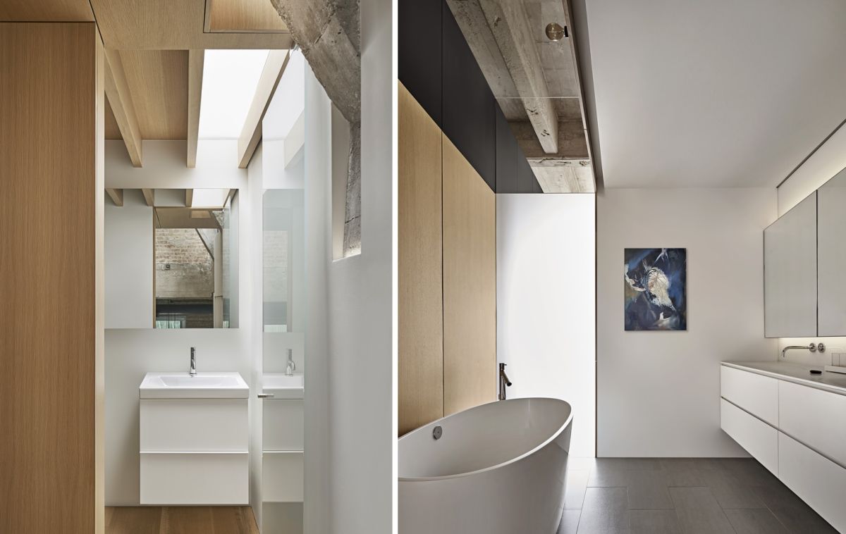 The bathroom spaces are small, minimalist and defined by a modern aesthetic