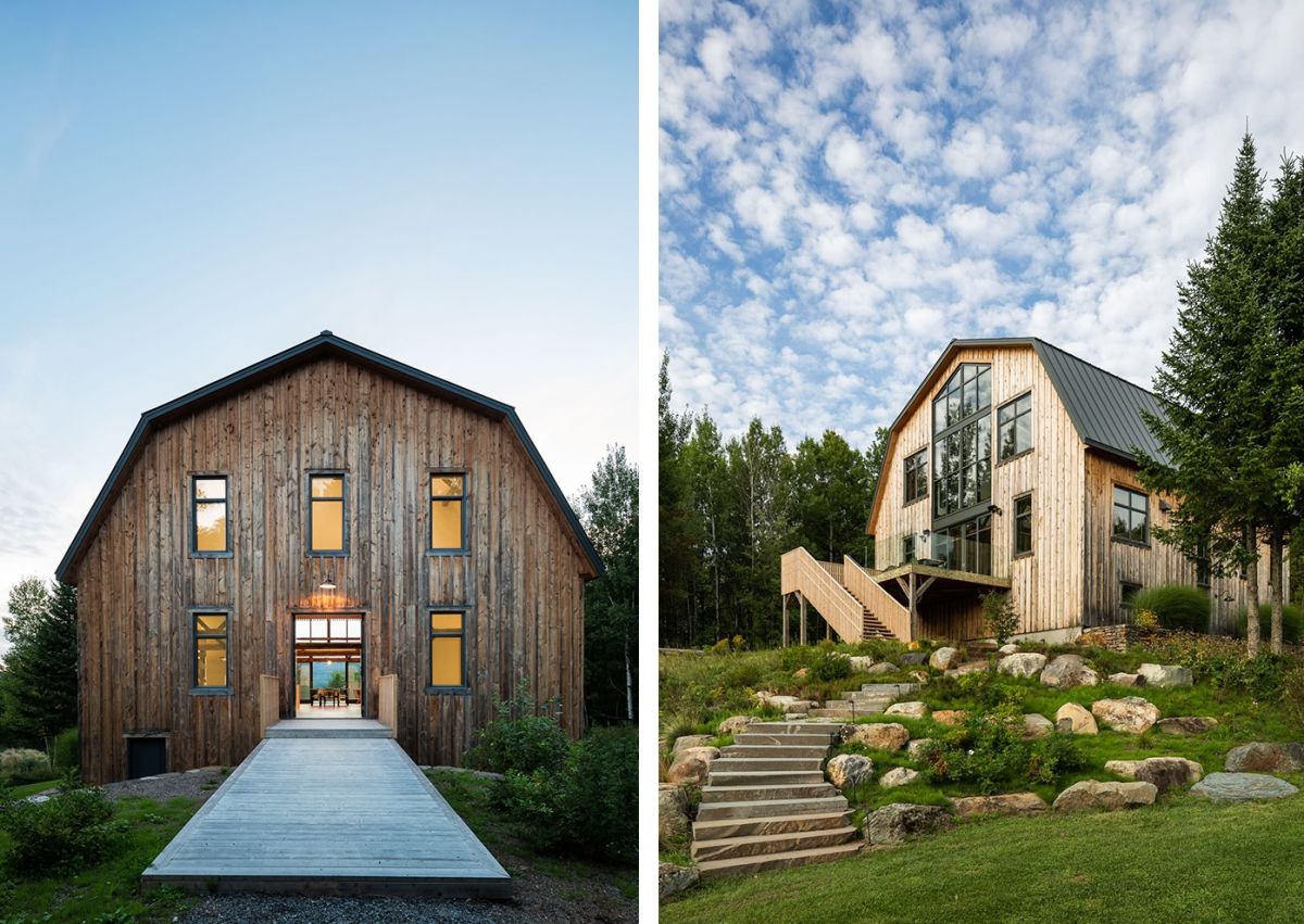 The remodeled barn stands quite tall and enjoys a strong connection with the landscape around it