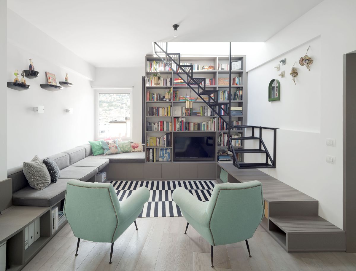 One of the most interesting interior design elements is this custom-built, multifunctional furniture unit