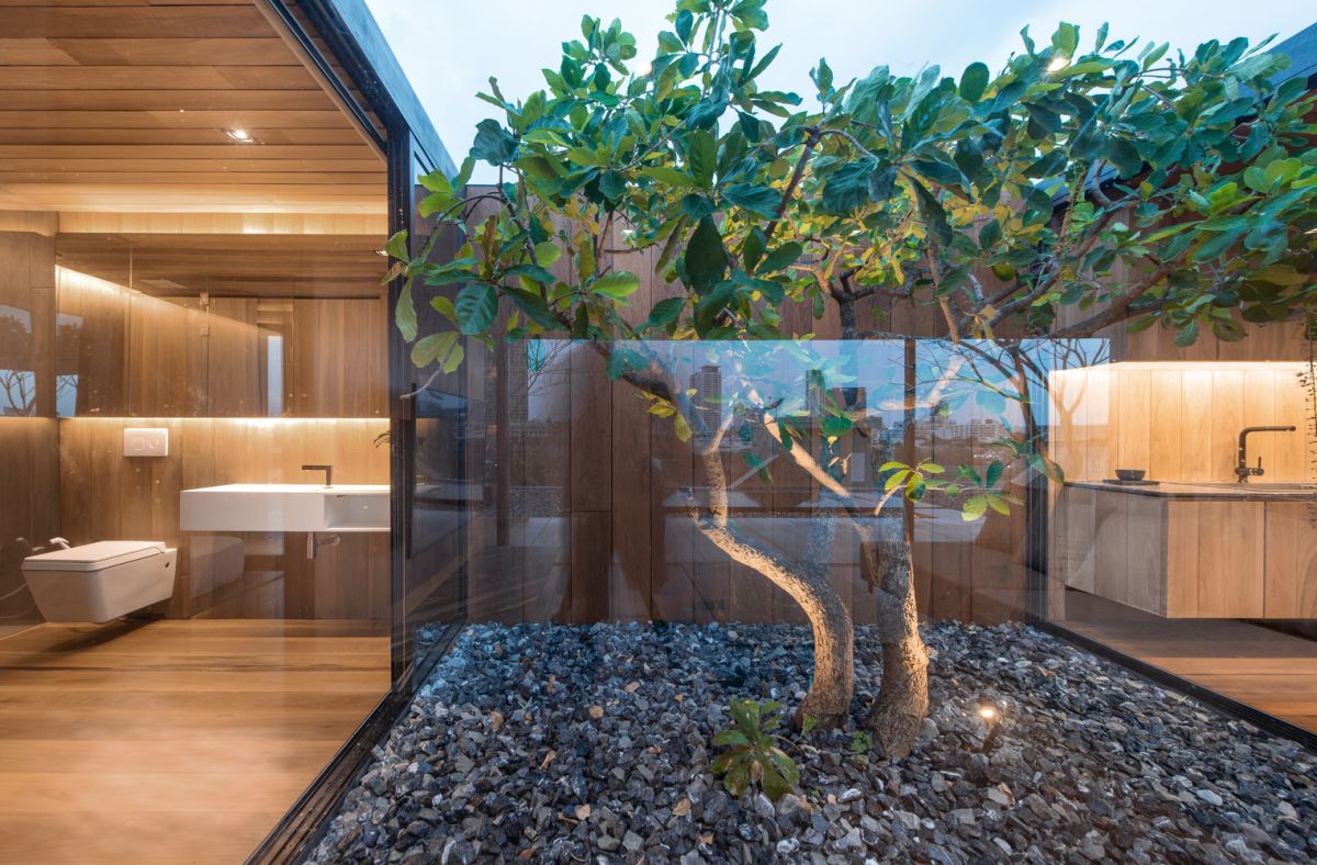 the internal courtyard has a lovely little tree at the center and makes the entire house look natural