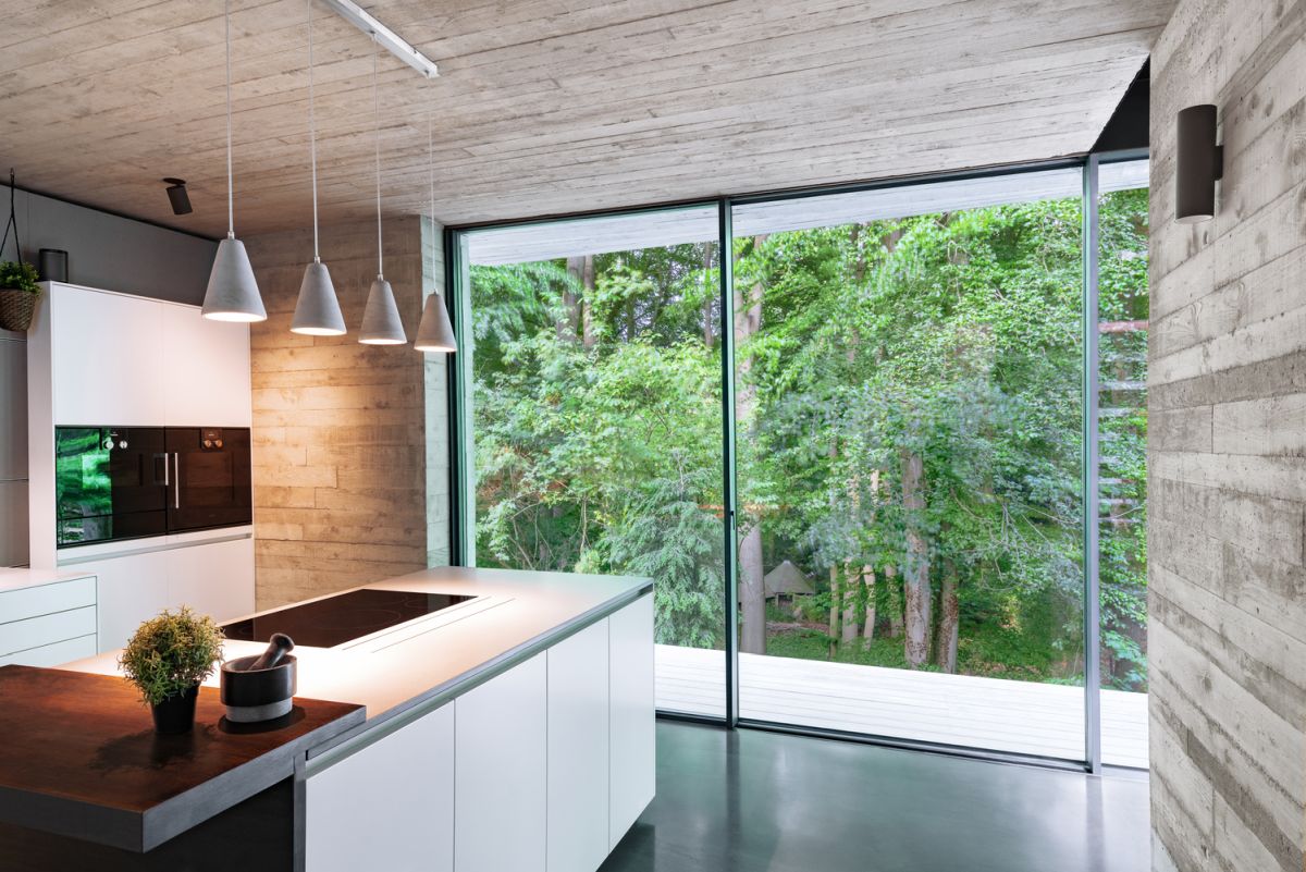 The minimalist kitchen opens up to the forest, featuring glass surfaces that let lots of light inside