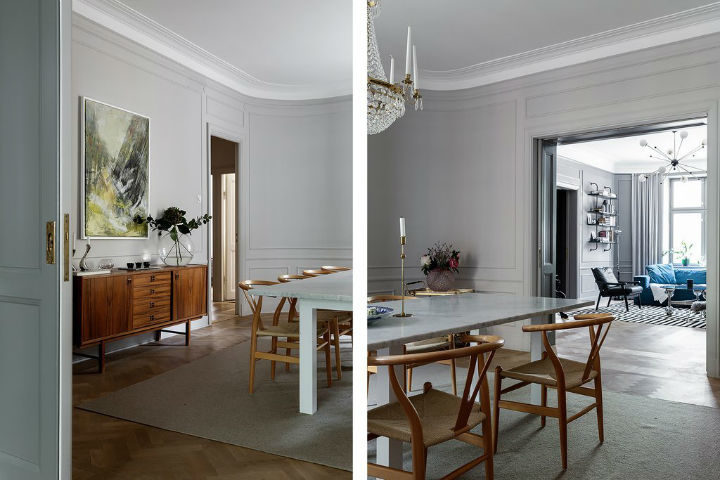 Scandinavian dining room decor with light grey walls 3
