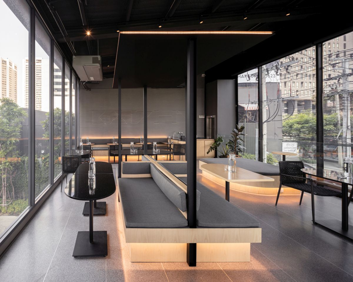 The upstairs seating area features various types of configurations and a flexible furniture layout