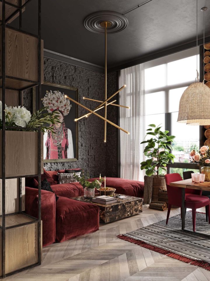 living-room with dark red velvet sofa