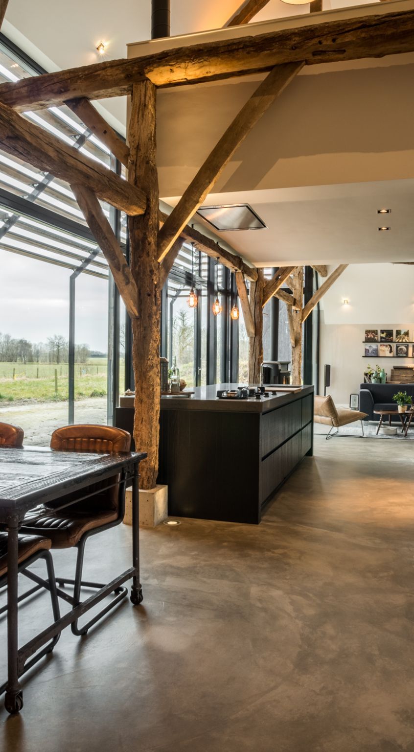 The kitchen is part of the open floor plan together with the dining room and the living area